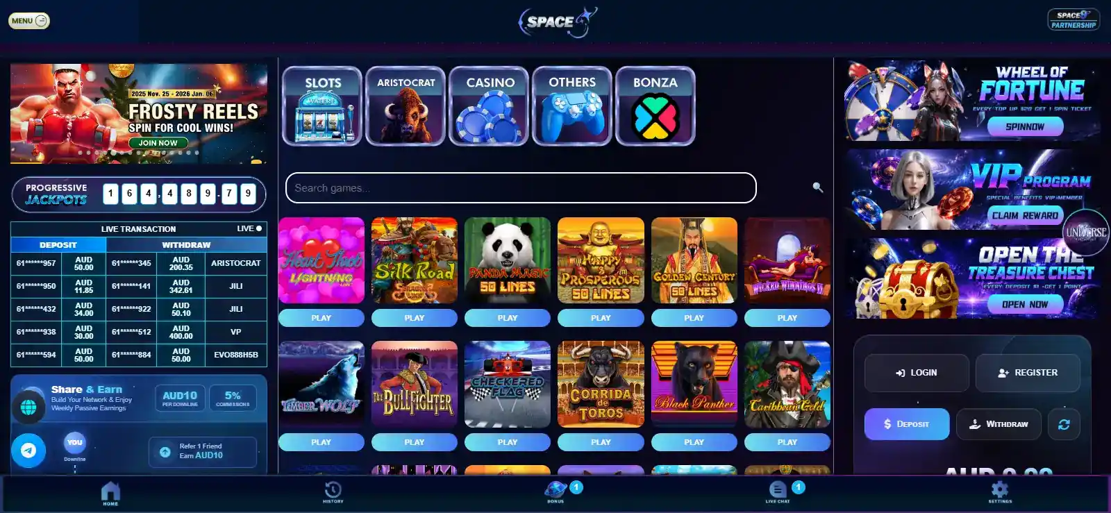 Current Space9 games lobby capture showing pokies or live casino categories