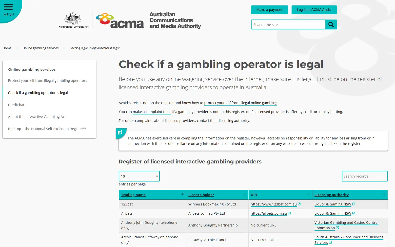 ACMA licensed interactive gambling provider register capture